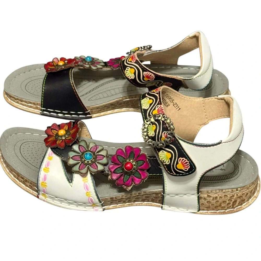 L'ARTISTE Nadira Genuine Leather Floral Embellished Strappy Comfortable Sandal - Picture 6 of 13